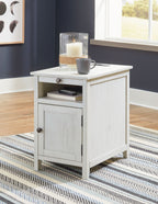 Chair-side end table, white finish, top drawer and cabinet door with metal knobs