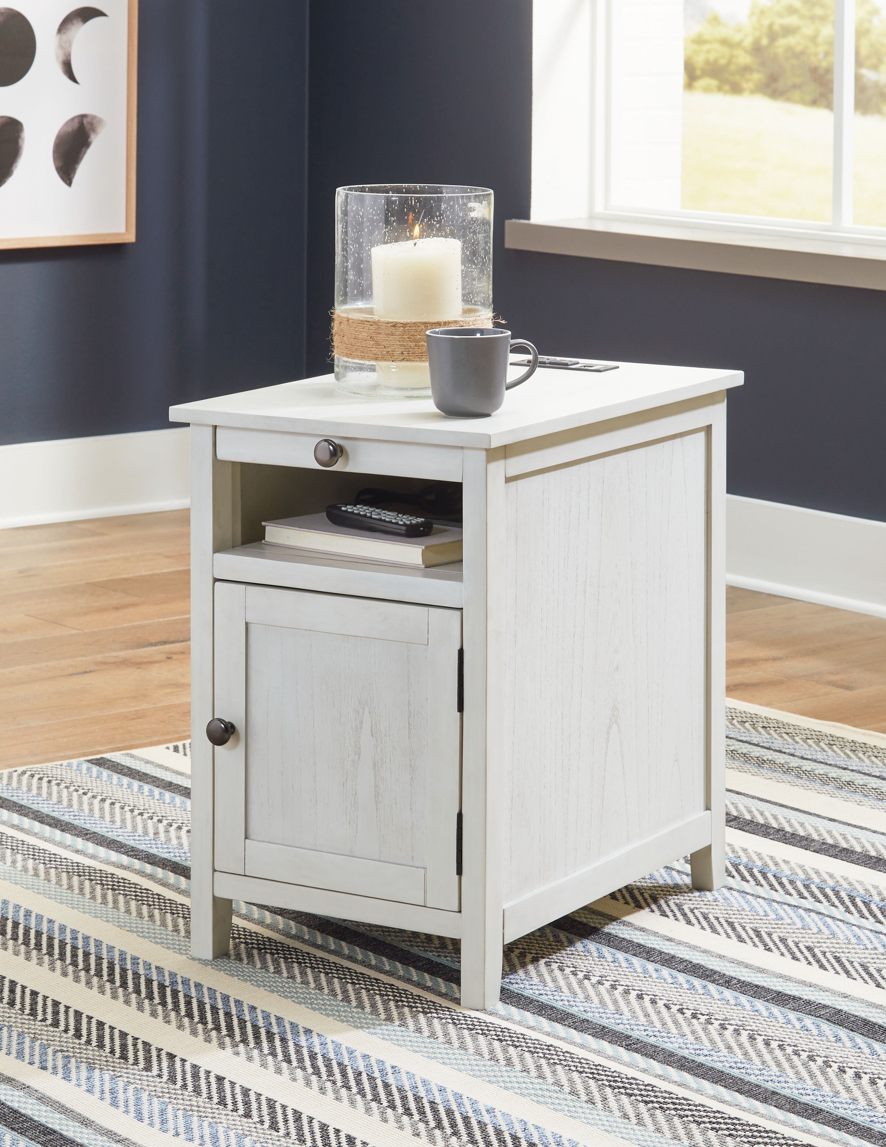 Chair-side end table, white finish, top drawer and cabinet door with metal knobs