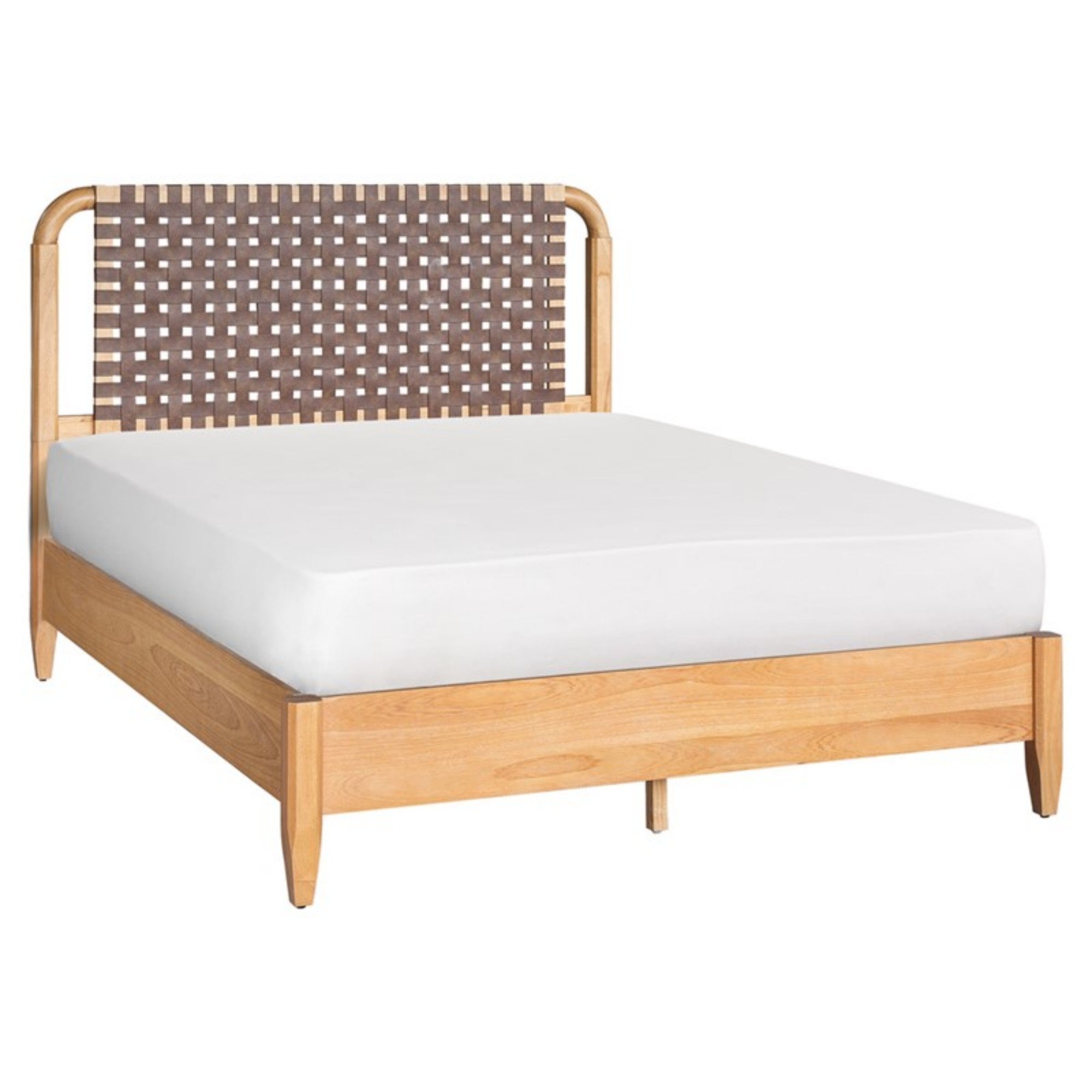Mid-Century Modern Woven Faux Leather Queen Bed Caramel Maple Wood