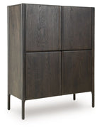 Espresso brown accent cabinet with four panel doors and tapered legs