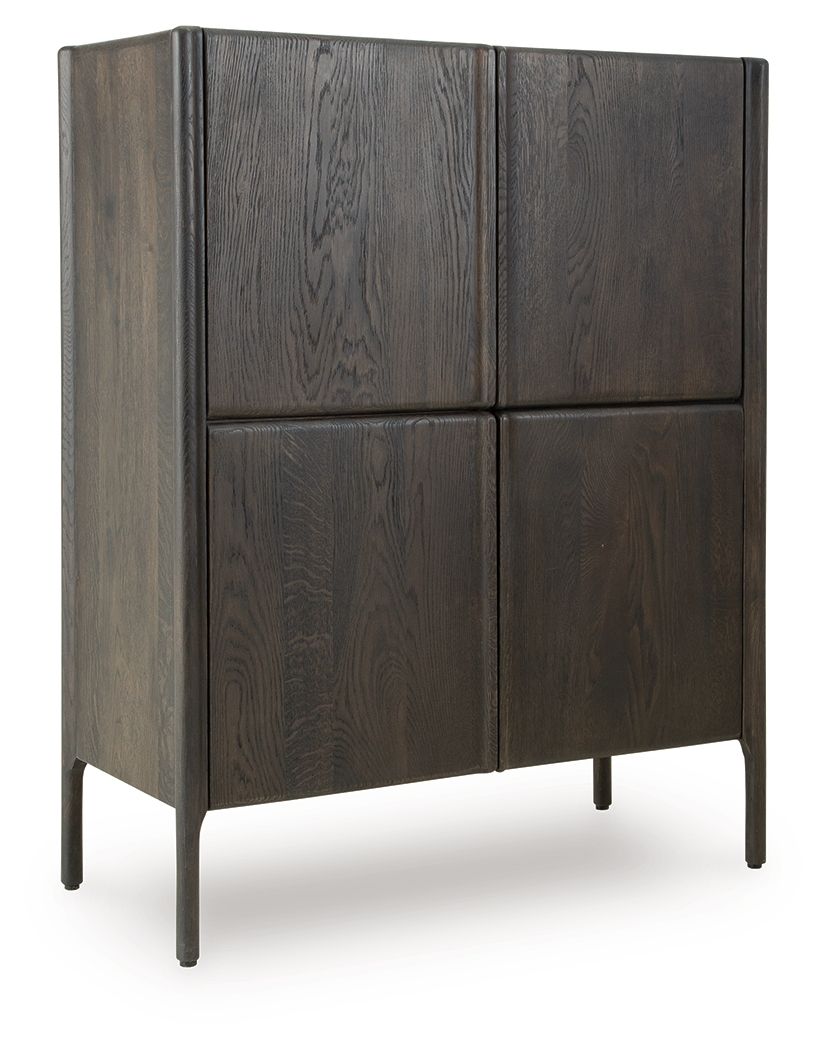 Espresso brown accent cabinet with four panel doors and tapered legs
