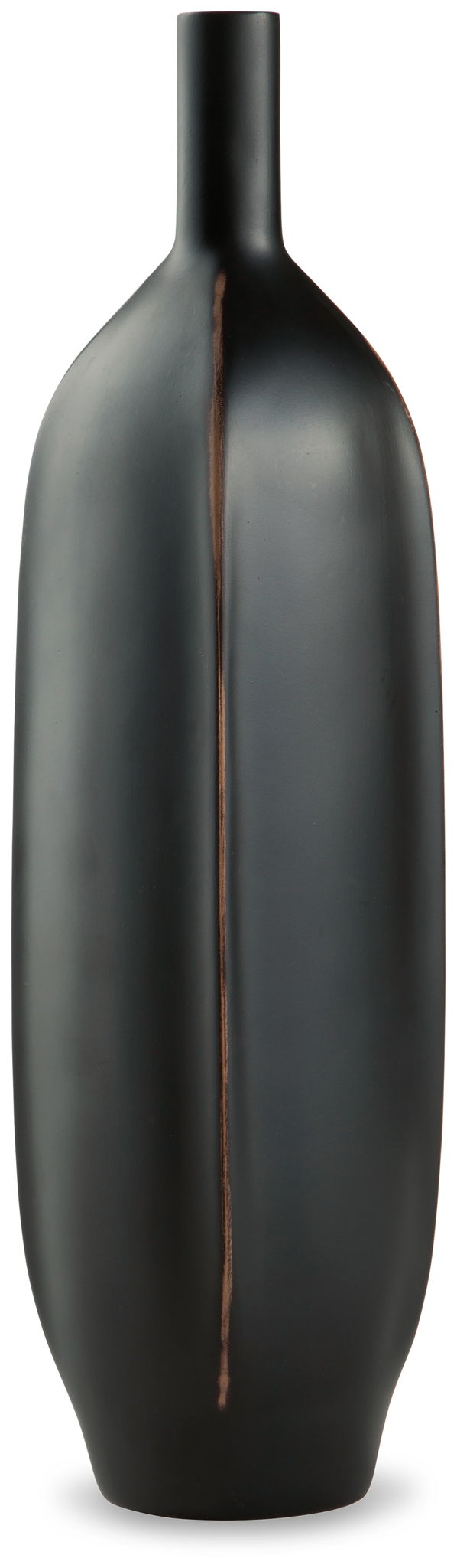 Rhaveney large black bottle vase with tall narrow neck and vertical bronze stripe