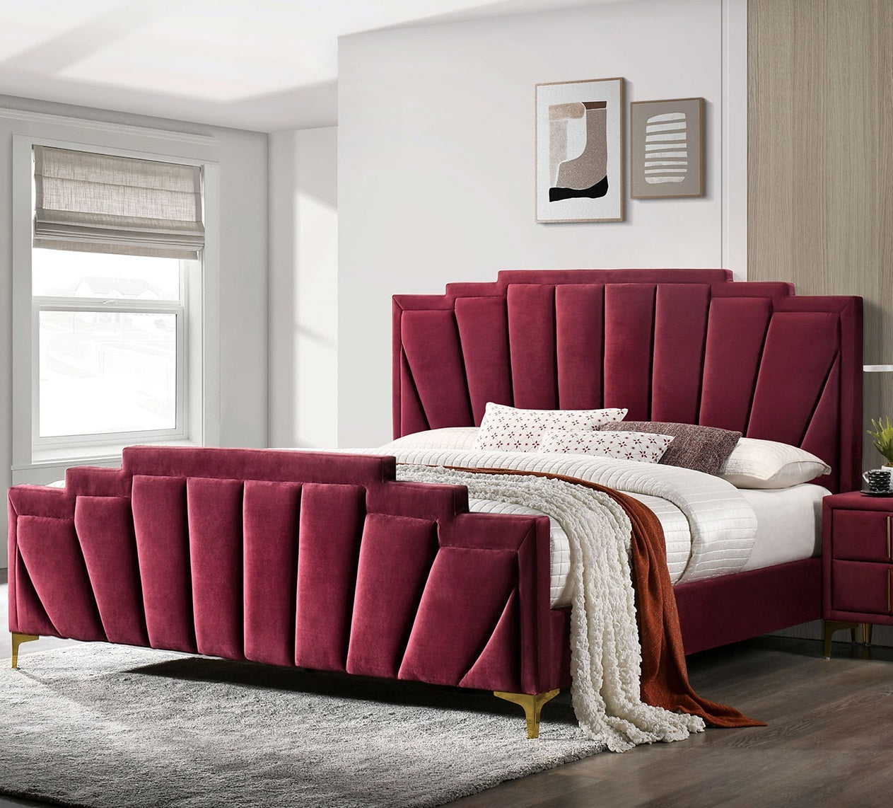 Glam Red Flannelette California King Upholstered Bed Tufted HB Gold Legs