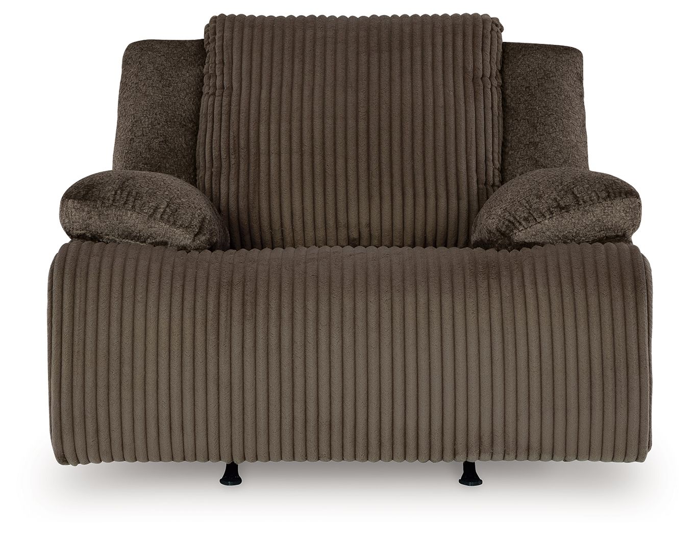 Chocolate rocker recliner chair with ribbed seat, tall back, and padded arm rests