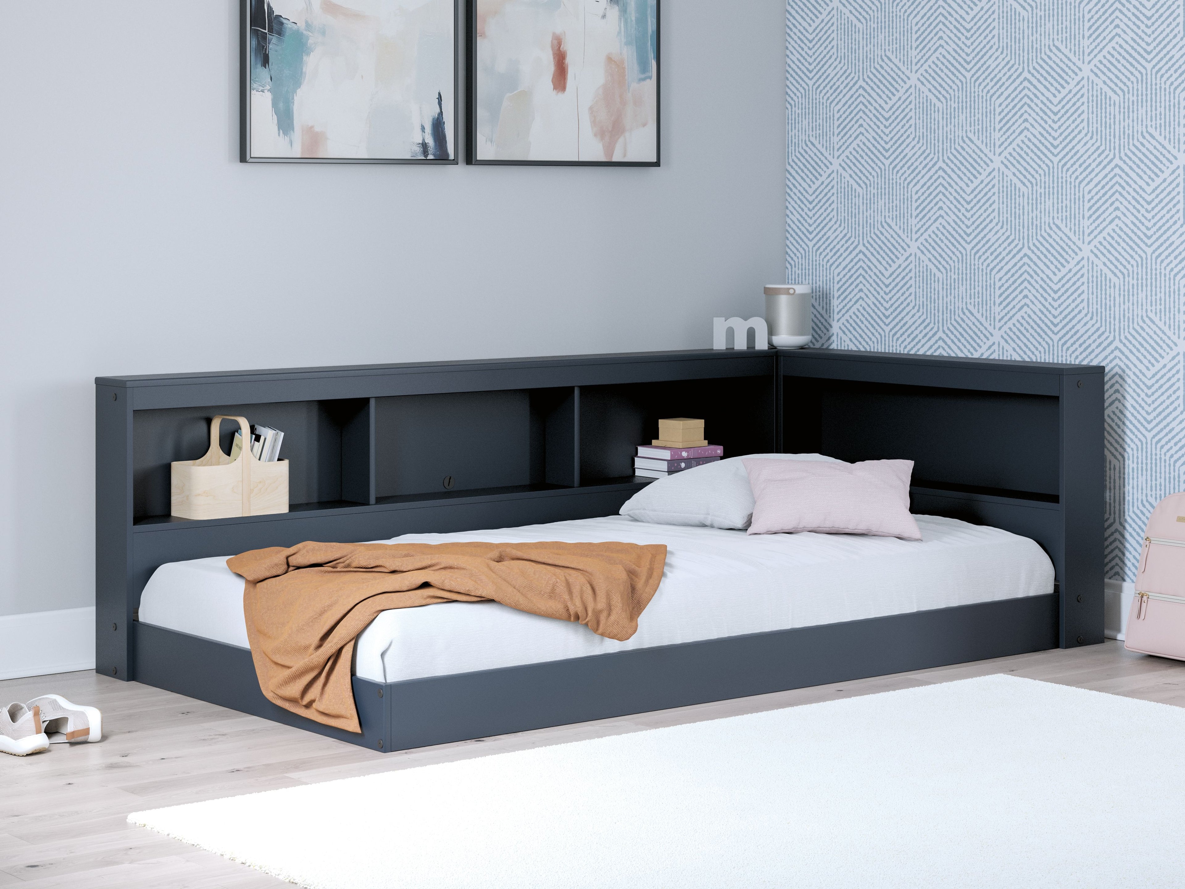 Blue bookcase storage bed with white mattress and pillow, built-in shelving