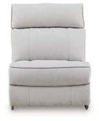 Pearl armless chair with rectangular back cushion and padded base, dark legs