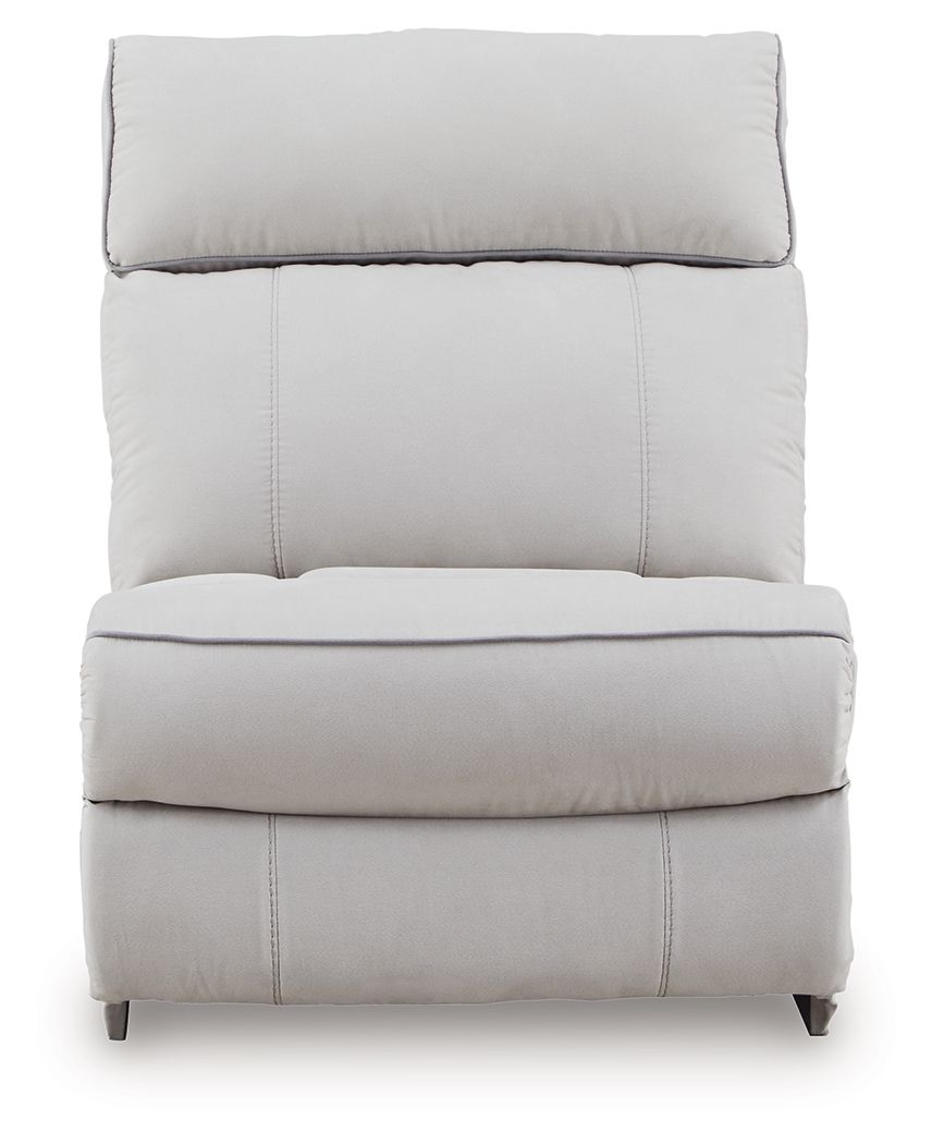 Pearl armless chair with rectangular back cushion and padded base, dark legs