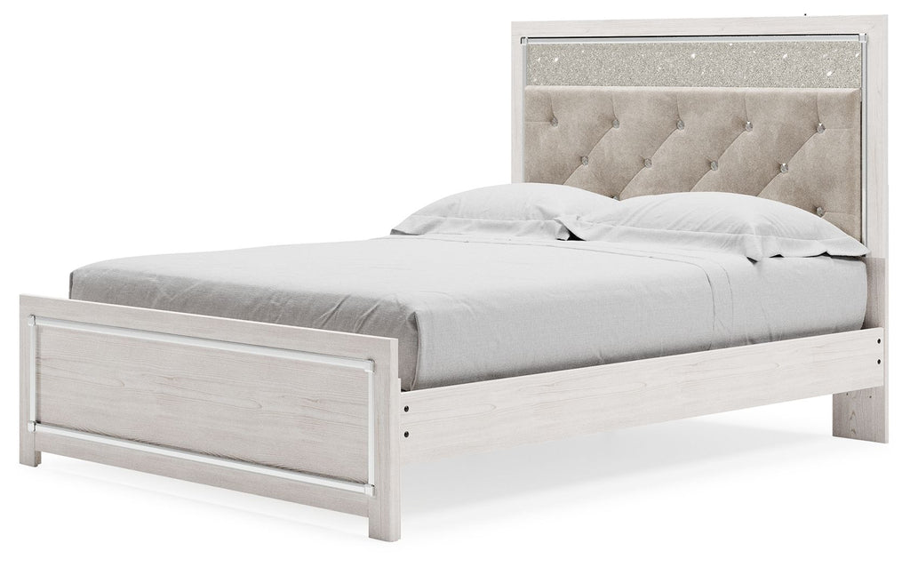 Queen bed with white side panels and tall light-gray tufted headboard