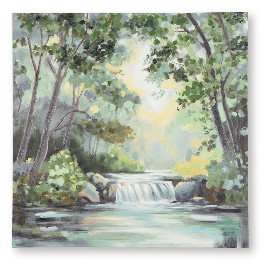 Landscape wall art canvas with green trees and soft gray waterfall, white highlights