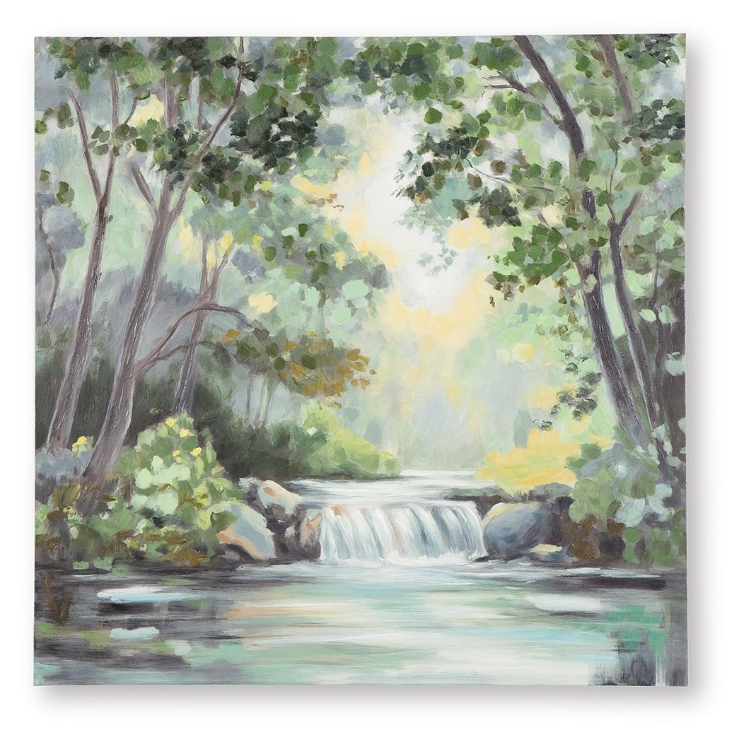 Landscape wall art canvas with green trees and soft gray waterfall, white highlights