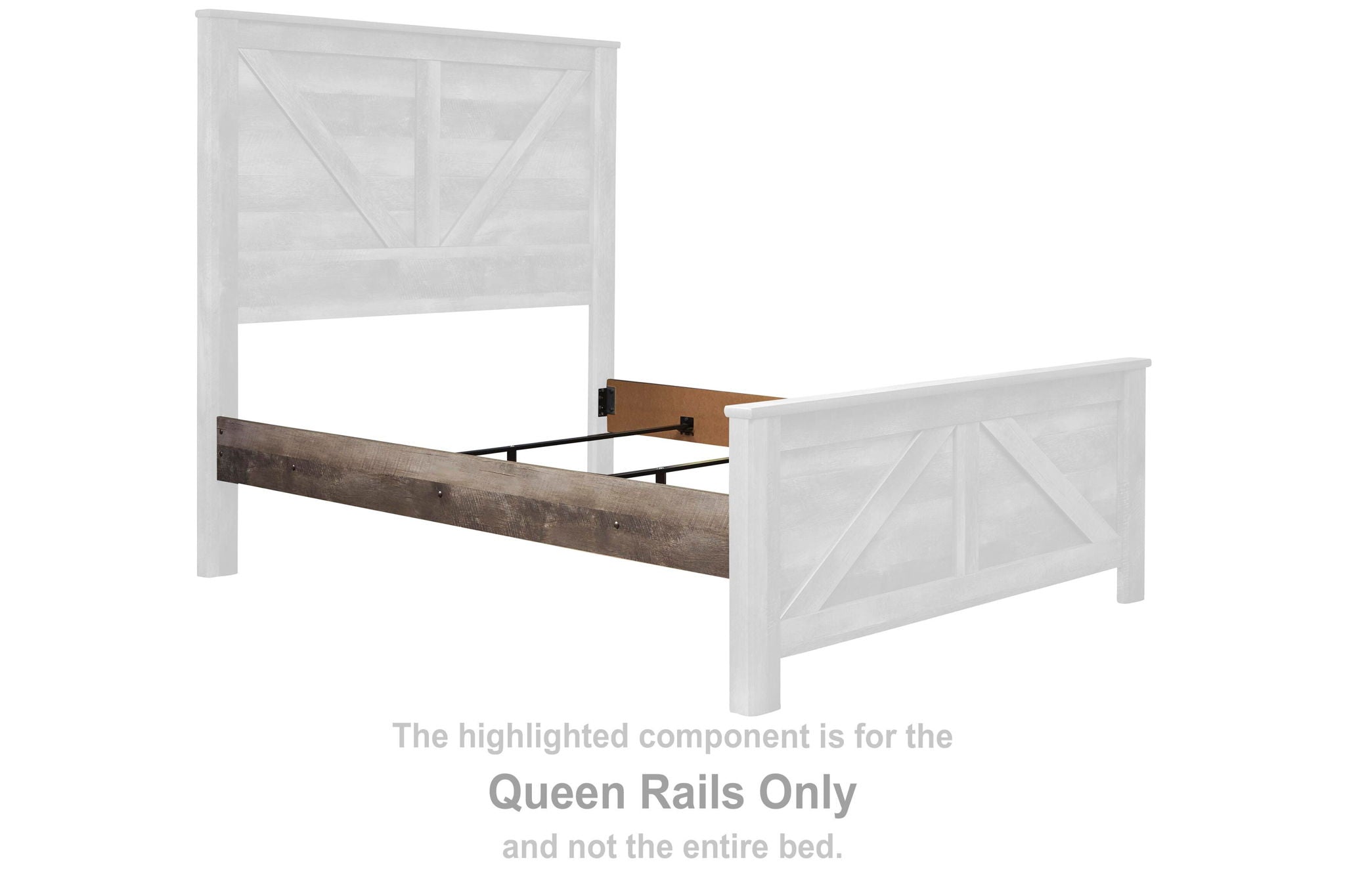 Queen bed poster rails with crossbuck panels, gray wood and white fabric