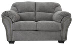 Pewter gray loveseat front view with two seat cushions and studded arm borders