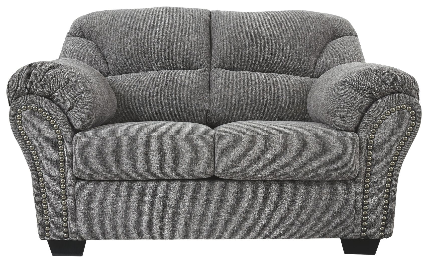 Pewter gray loveseat front view with two seat cushions and studded arm borders