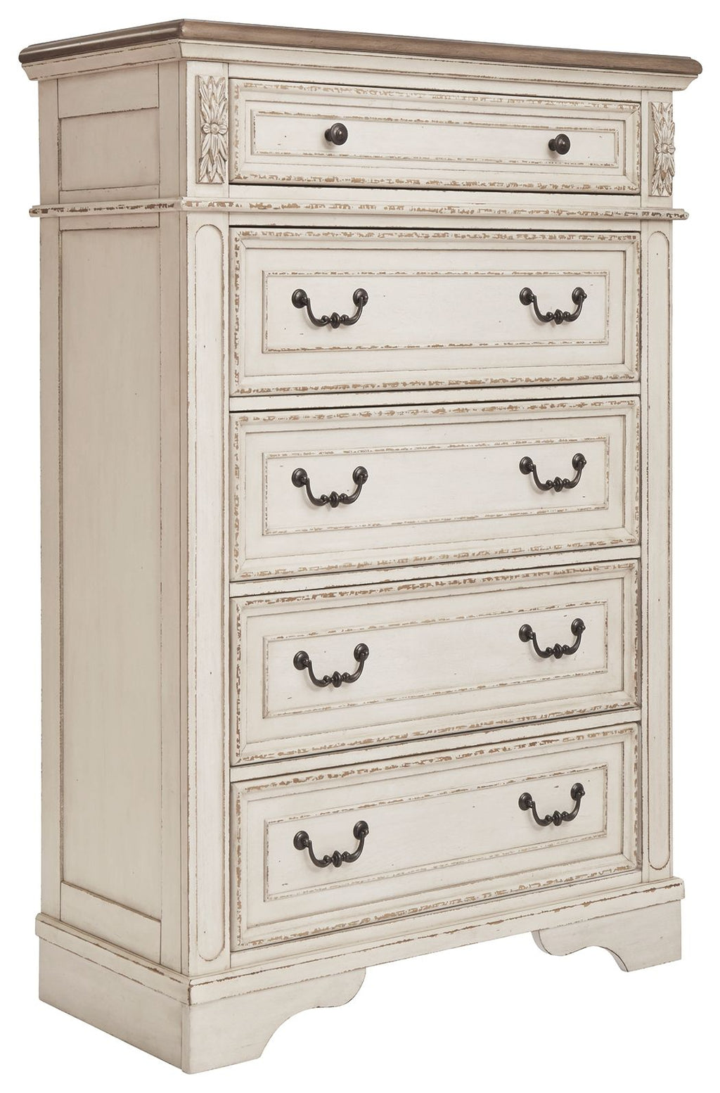 Distressed white five-drawer chest with dark metal handles