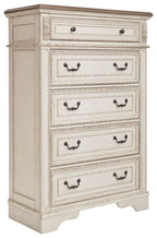 Distressed white five-drawer chest with dark metal handles