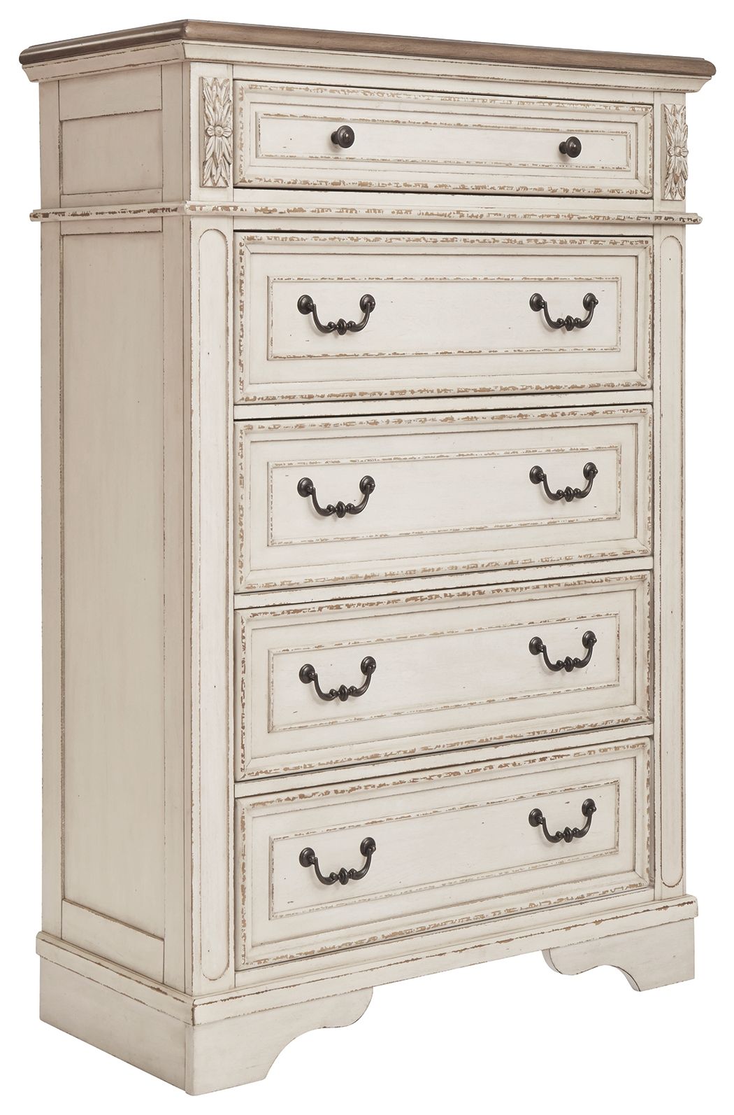 Distressed white five-drawer chest with dark metal handles
