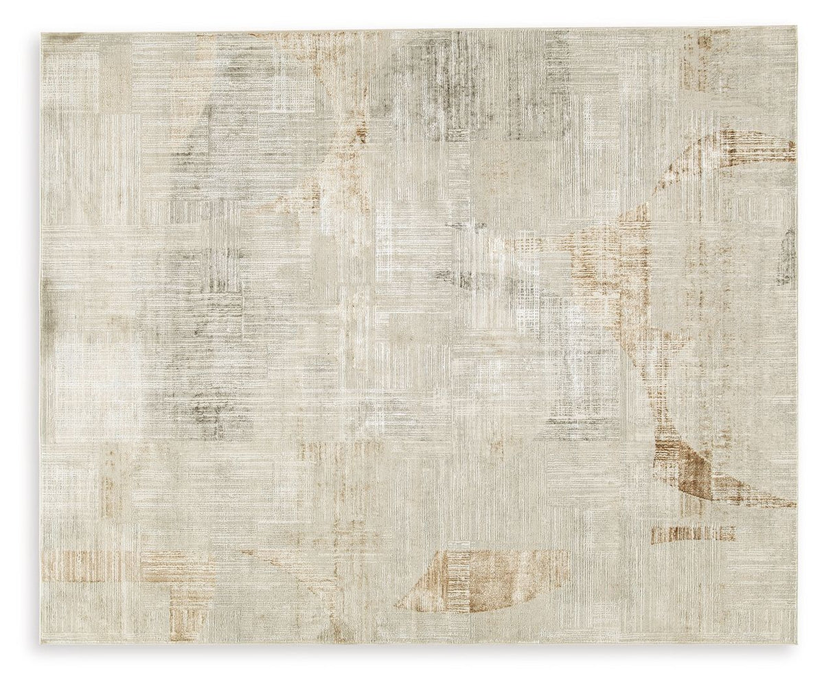 Beige abstract area rug with distressed patchwork and flat weave, rectangular