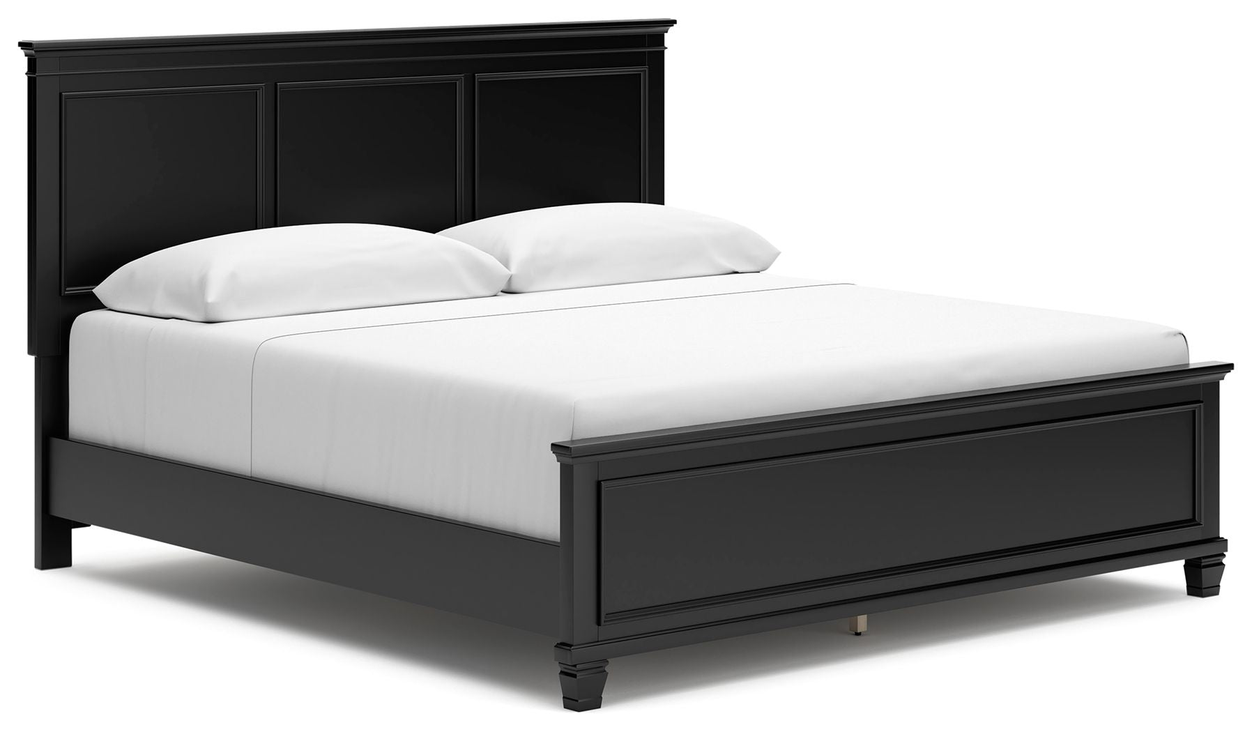 Black panel bed with headboard and low footboard, no storage drawers visible.