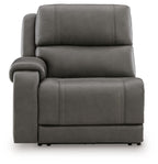Power recliner in dark gray, tall back cushion and padded armrests with stitching