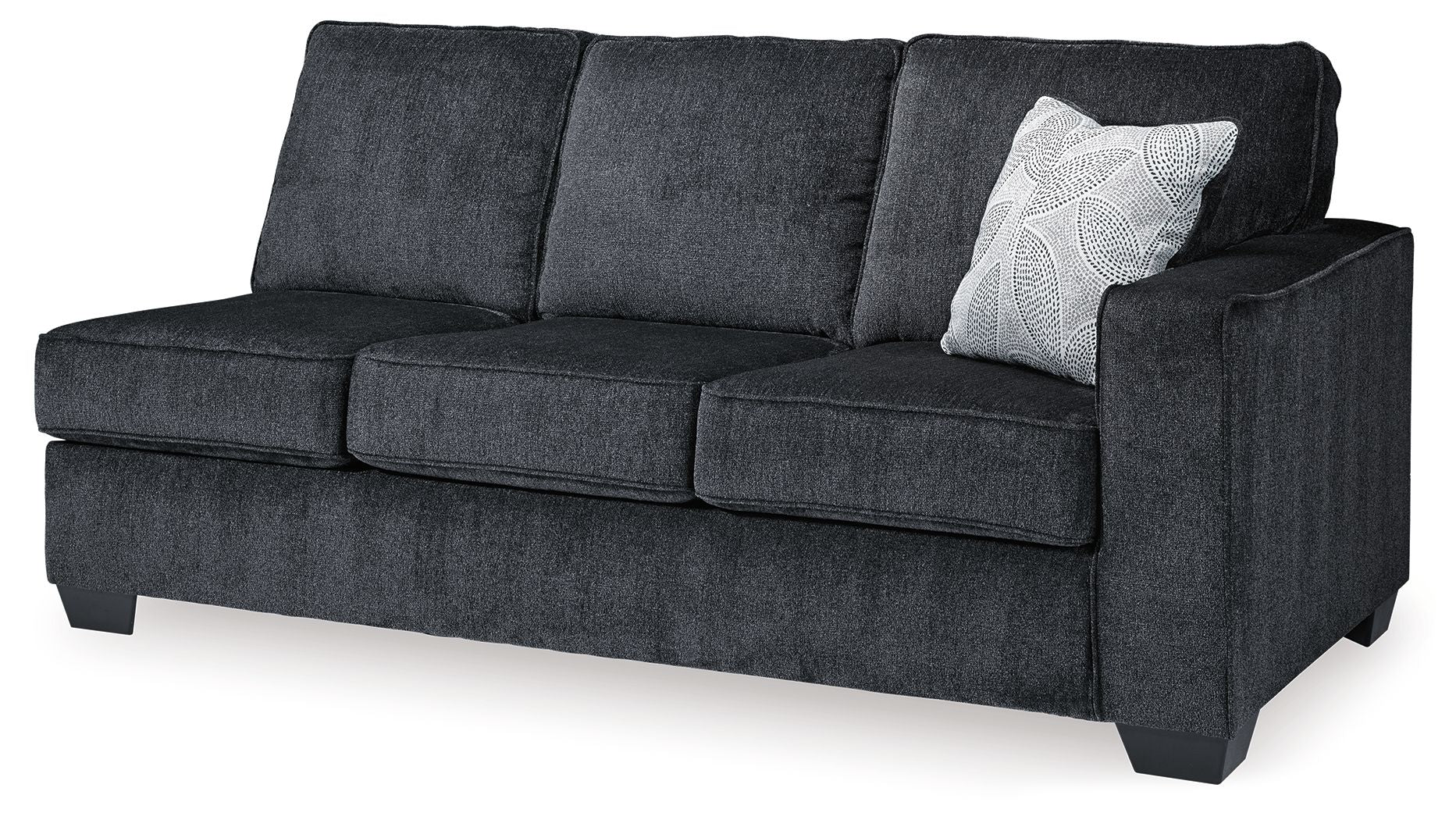 Full sofa sleeper in slate gray upholstery, plush back cushions and square arms