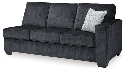 Full sofa sleeper in slate gray upholstery, plush back cushions and square arms