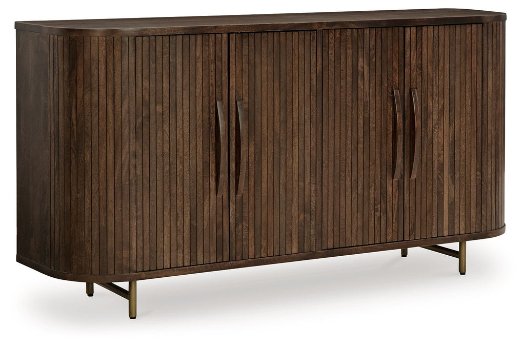 Dark brown accent cabinet with vertical ribbed doors and tapered legs