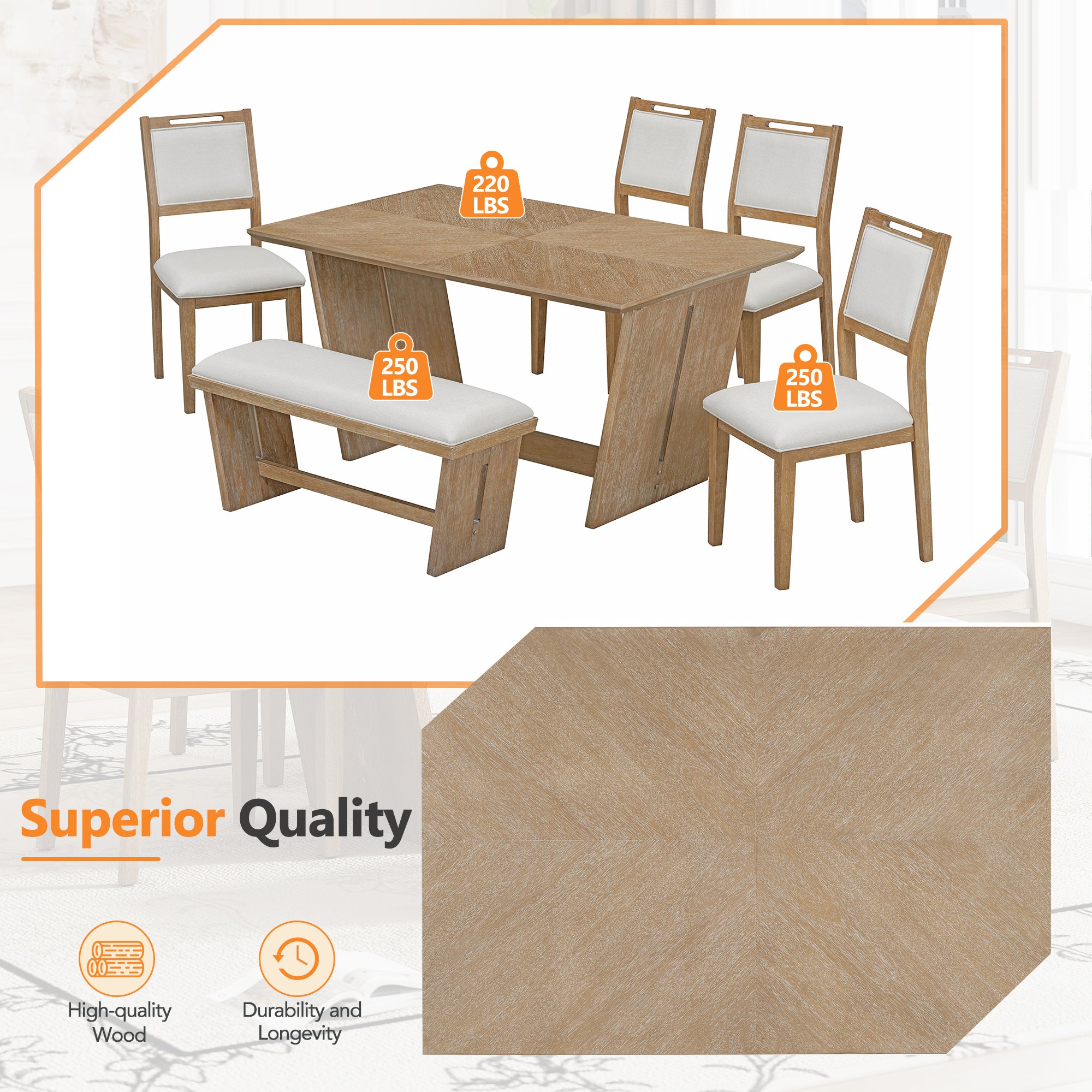6-Pc Retro Dining Set w/ Bench - Natural Wood