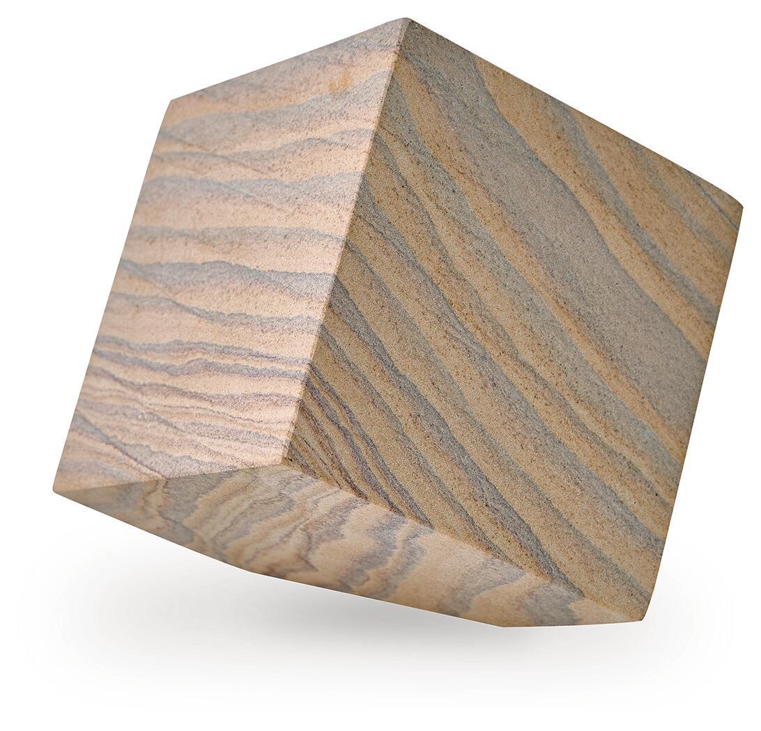 Wood geometric sculpture with tan and blue-gray striped grain, angular cube shape