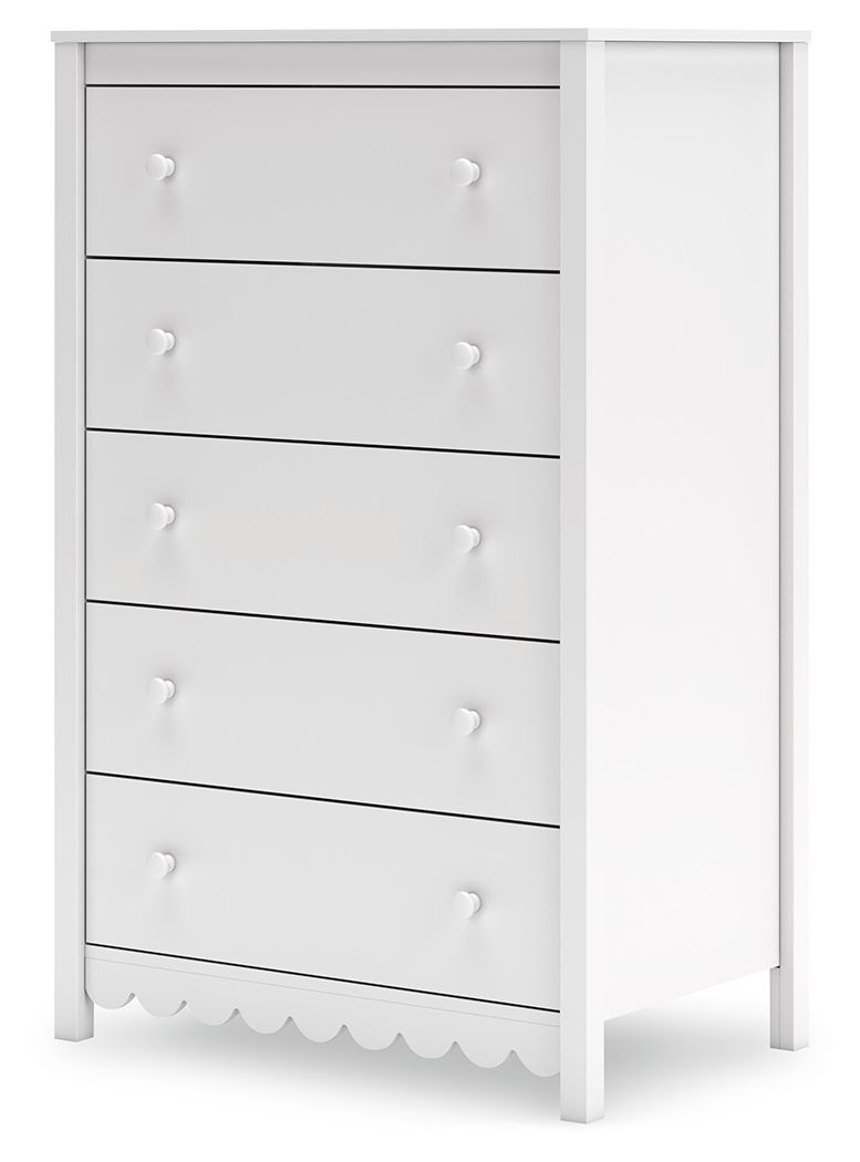 White five-drawer chest with open side view and scalloped bottom edge