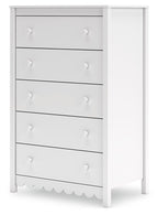White five-drawer chest with open side view and scalloped bottom edge