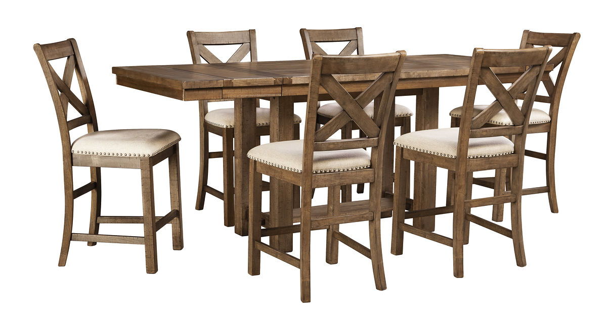 Counter-height rectangular dining table with upholstered stools and cross-back chair set, dark gray