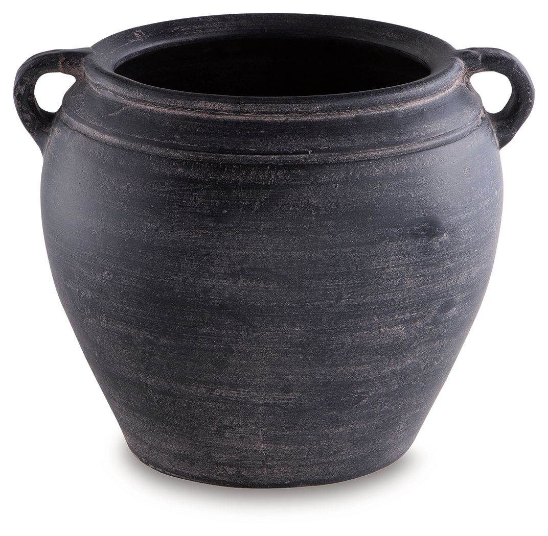 Meadie 9-inch vase, dark gray ceramic with side handles and textured bands