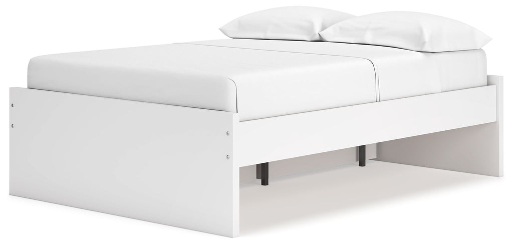 White platform bed with open under-bed area and low, rectangular frame panels