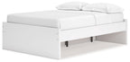 White platform bed with open under-bed area and low, rectangular frame panels