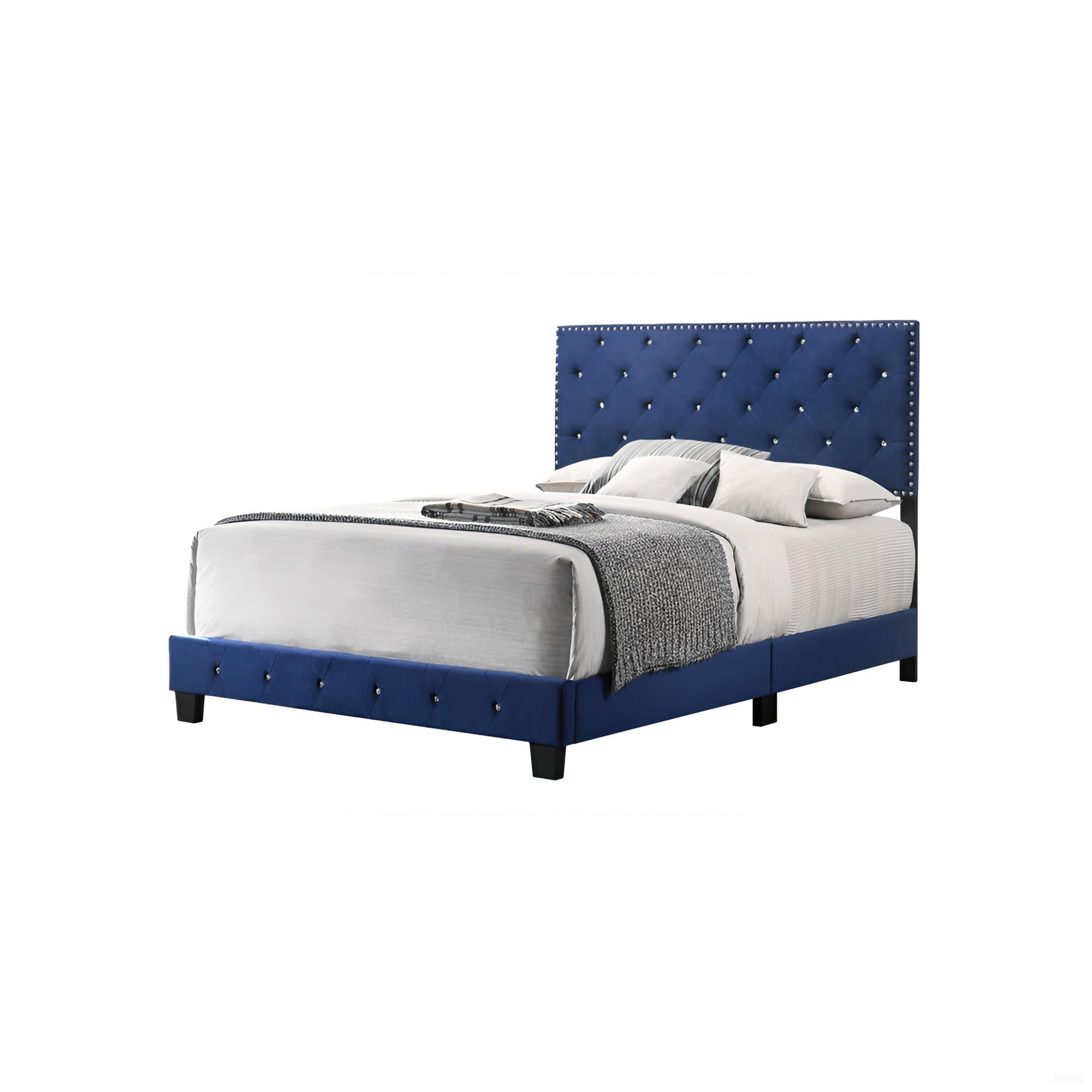 Noble Navy Queen Bed: Transitional Velvet Upholstery & Elegant Flair