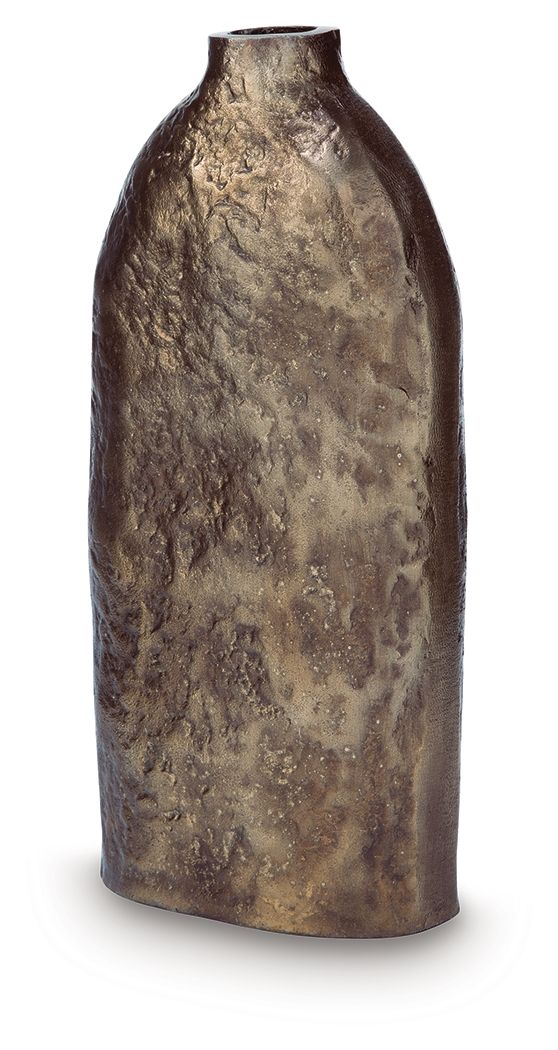 Wallmond vase in gold-brown distressed texture with rounded shoulders and narrow neck opening.