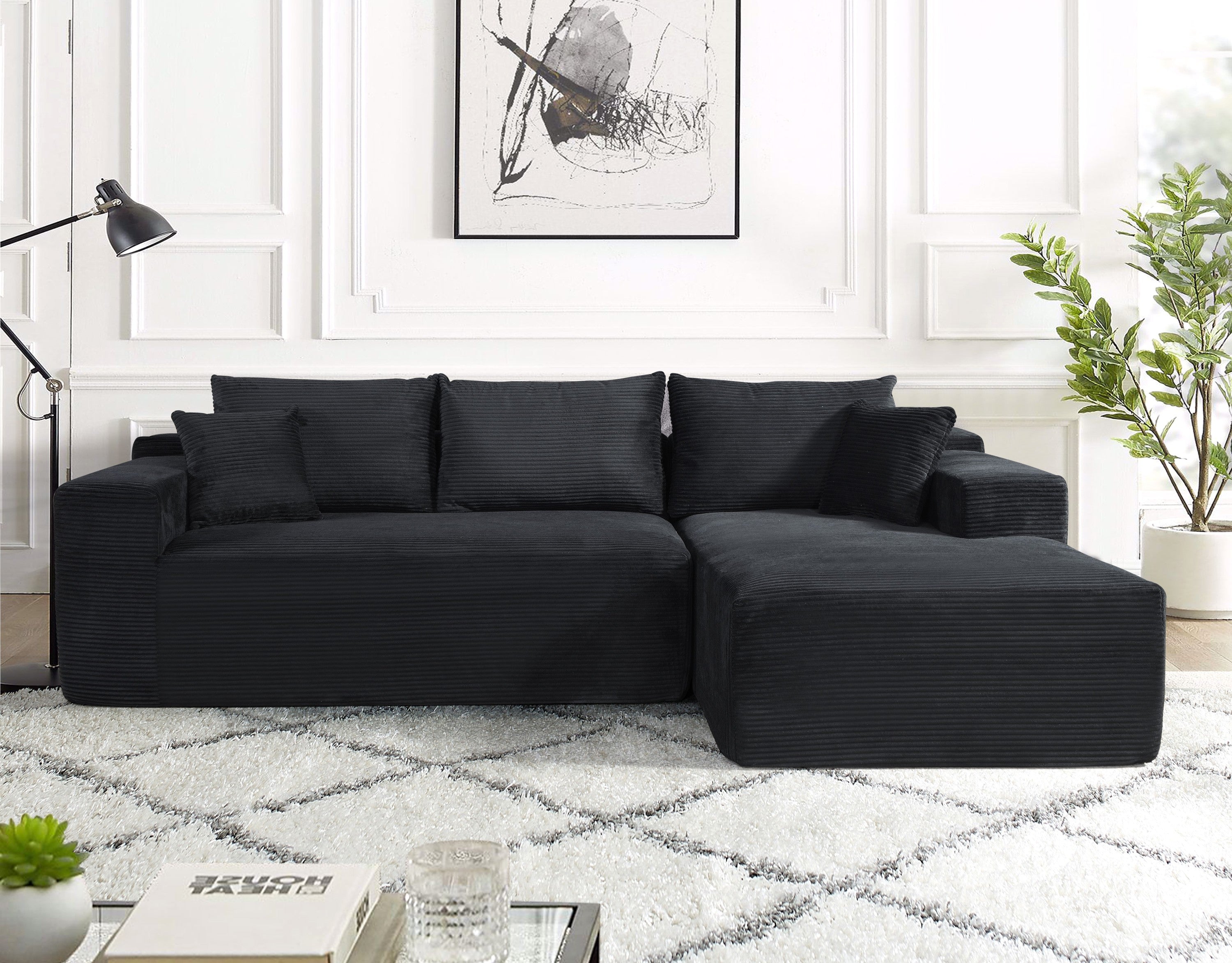2-Piece Convertible Corduroy L-Shaped Sectional Sofa Black