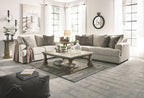 Stone upholstered sofa and loveseat set with matching throw pillows