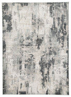 Gray abstract distressed area rug, flat weave, vertical blotchy pattern