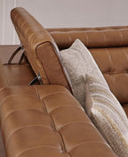 Chocolate brown reclining sectional chaise with tufted seat cushions and side arm