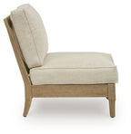 Beige armless chair with padded back and seat, light wood frame.