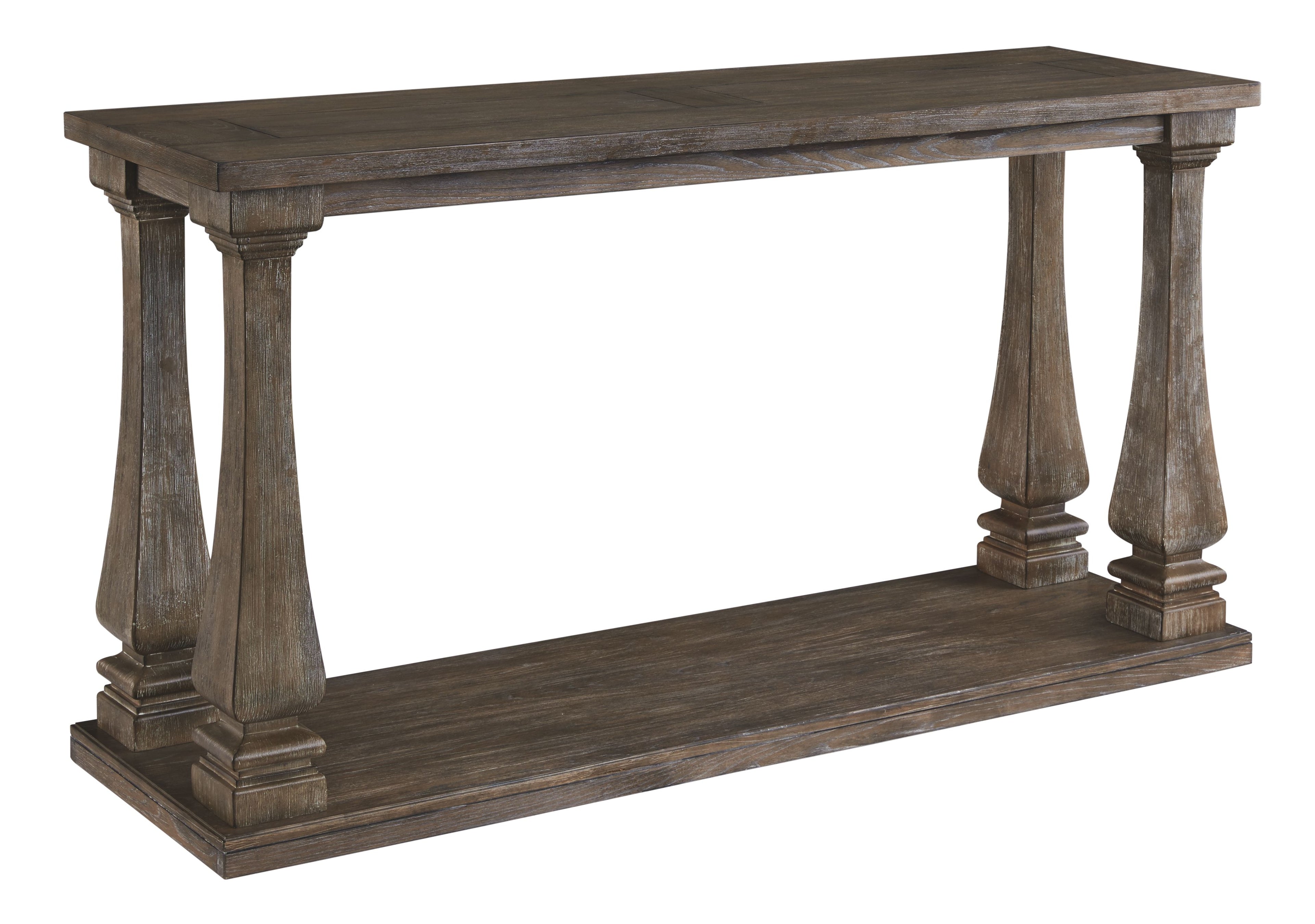 Gray sofa table with two-tier shelves, turned legs, rectangular top and base