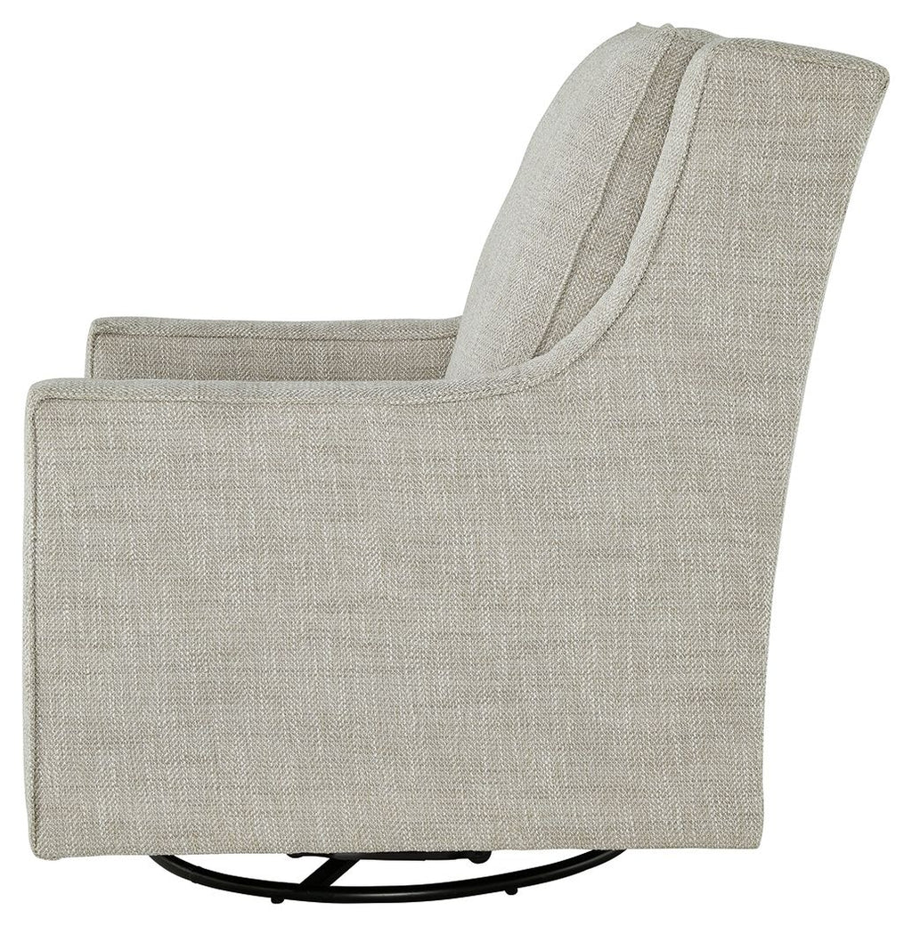 Light gray swivel accent chair with curved back and rolled armrests, black base