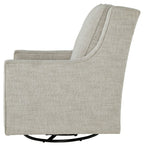 Light gray swivel accent chair with curved back and rolled armrests, black base