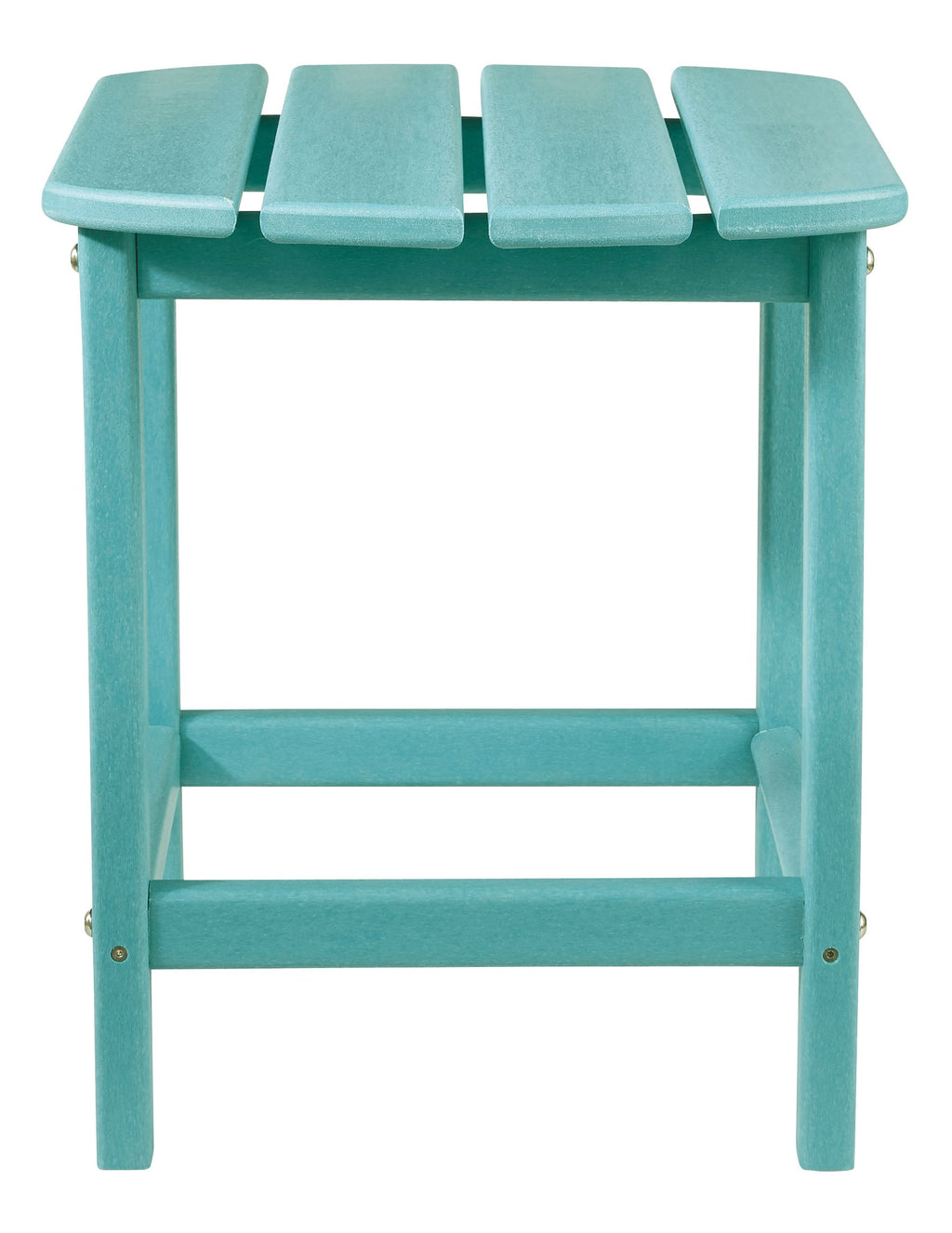 Light teal outdoor end table with slatted tabletop and open lower shelf