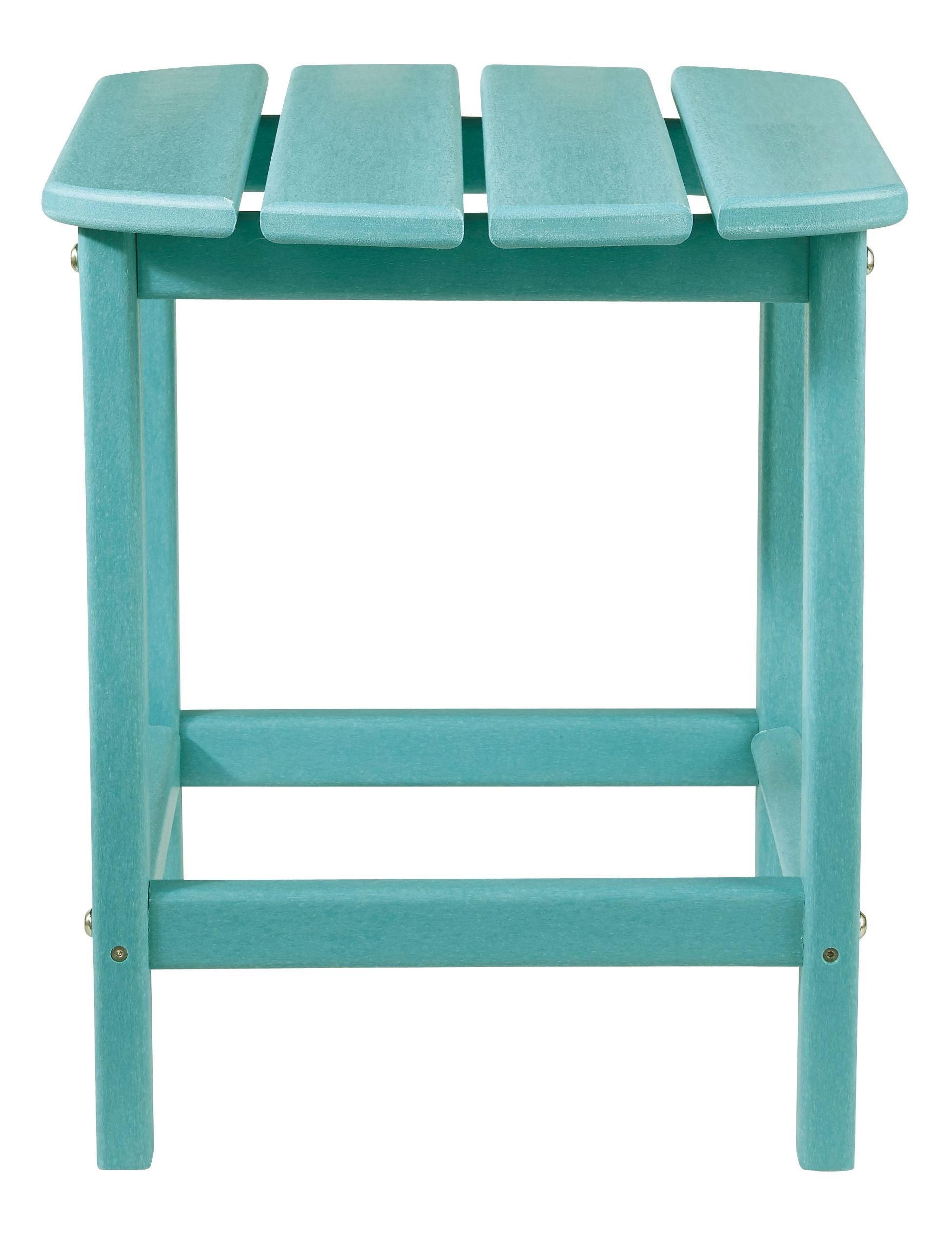 Light teal outdoor end table with slatted tabletop and open lower shelf