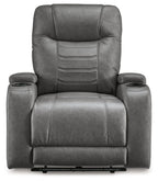 Slate gray power recliner with adjustable headrest, padded armrests, and built-in cup holders