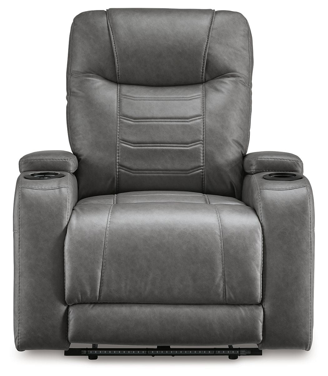 Slate gray power recliner with adjustable headrest, padded armrests, and built-in cup holders
