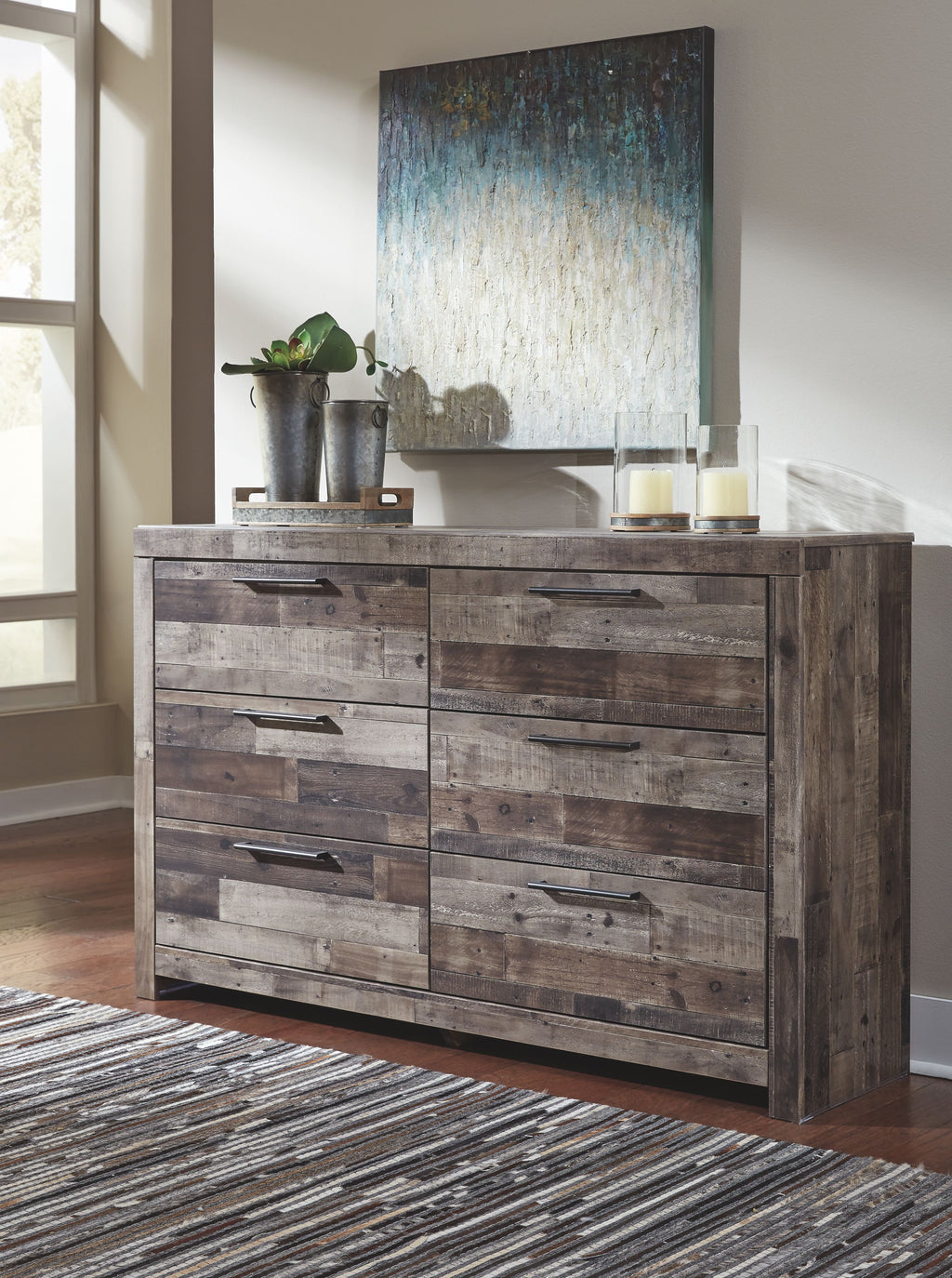 Gray wood dresser with mirror and six drawers, metal bar pulls