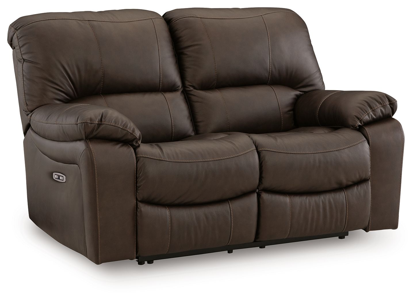 Power reclining loveseat, brown faux leather with reclining seats and side control panel